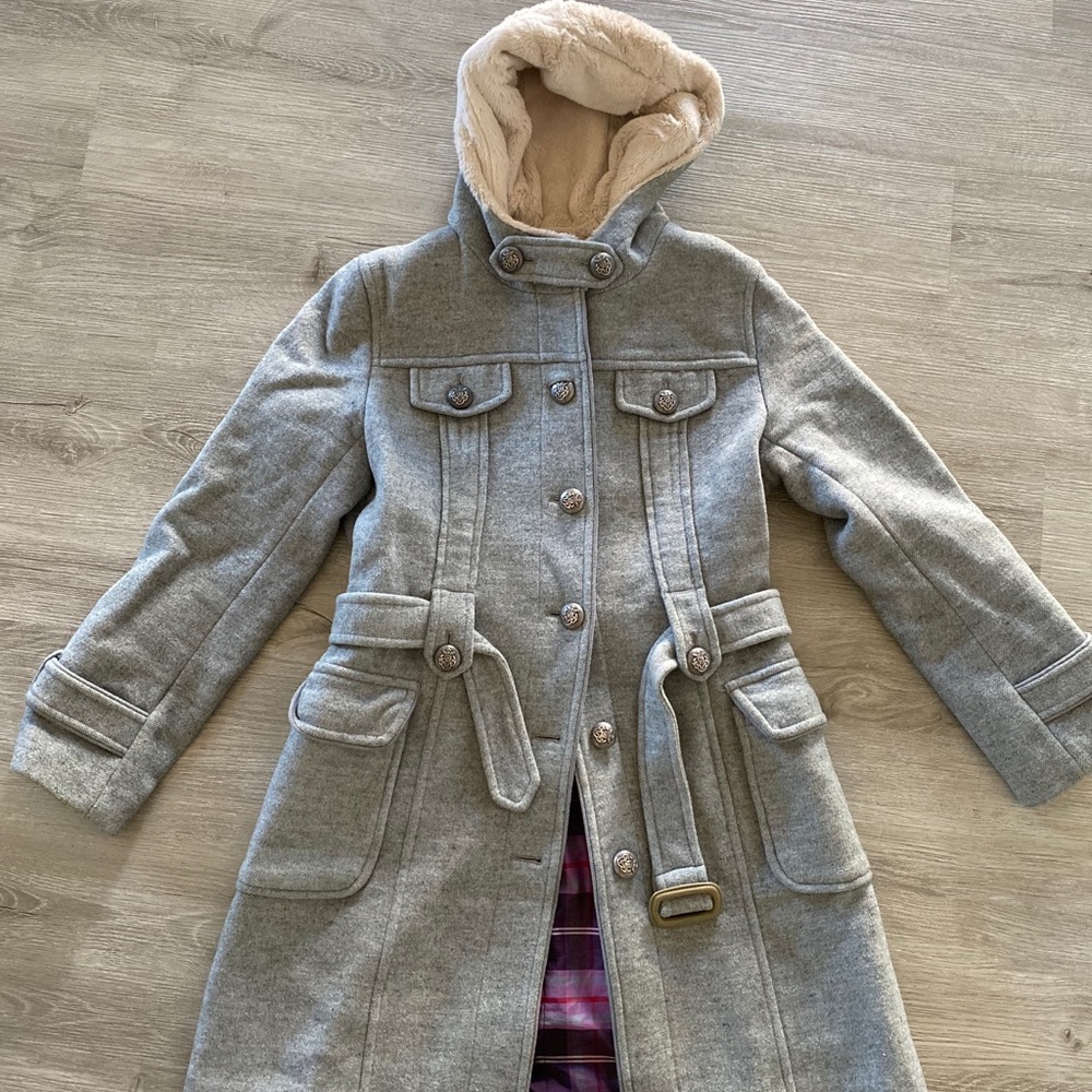 Long Winter Coat with soft furry hood. Light Grey.